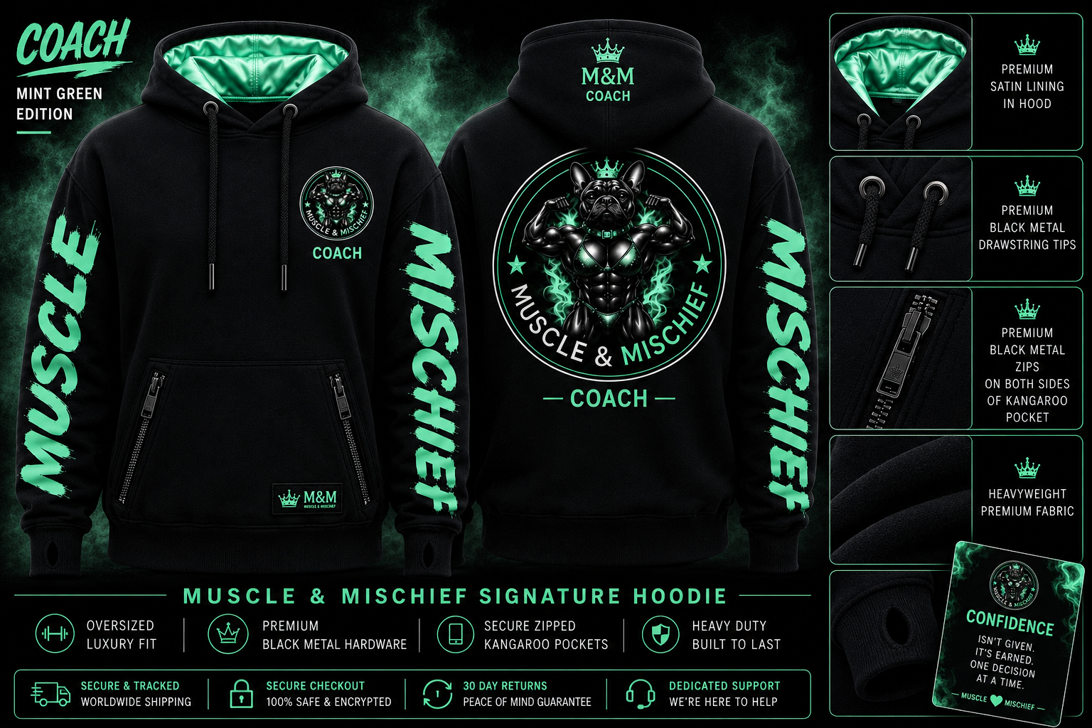 Muscle & Mischief Coach Hoodie in Lime Green — front, back and detail views
