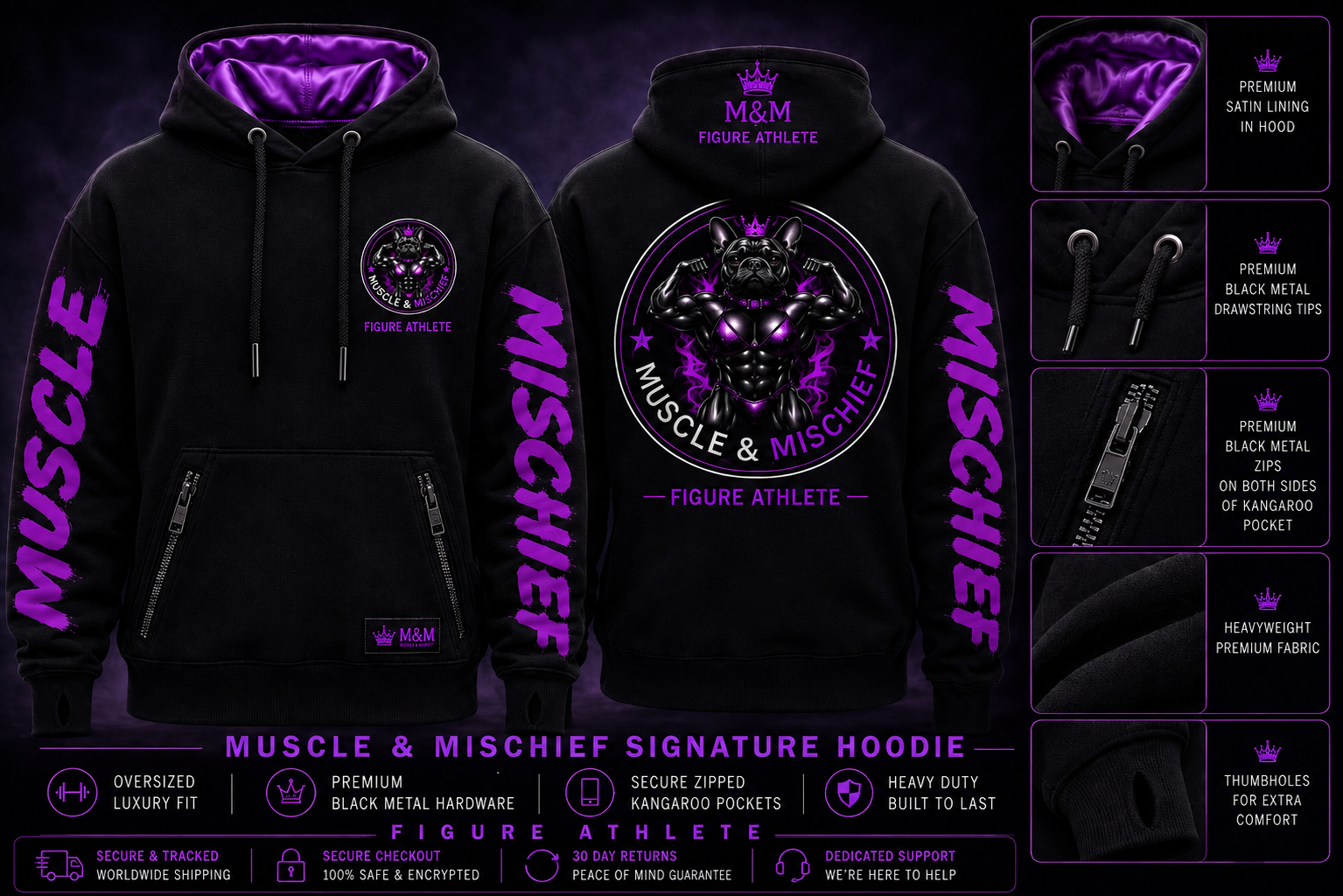 Muscle & Mischief Figure Hoodie in Hot Purple — front, back and detail views